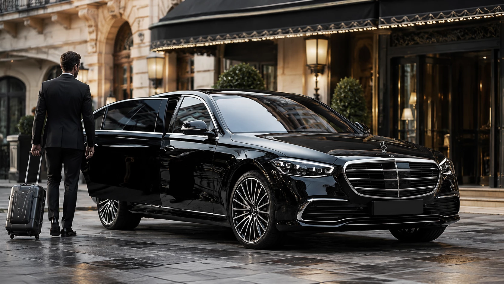 Black Mercedes-Benz S-Class chauffeur vehicle outside a luxury hotel