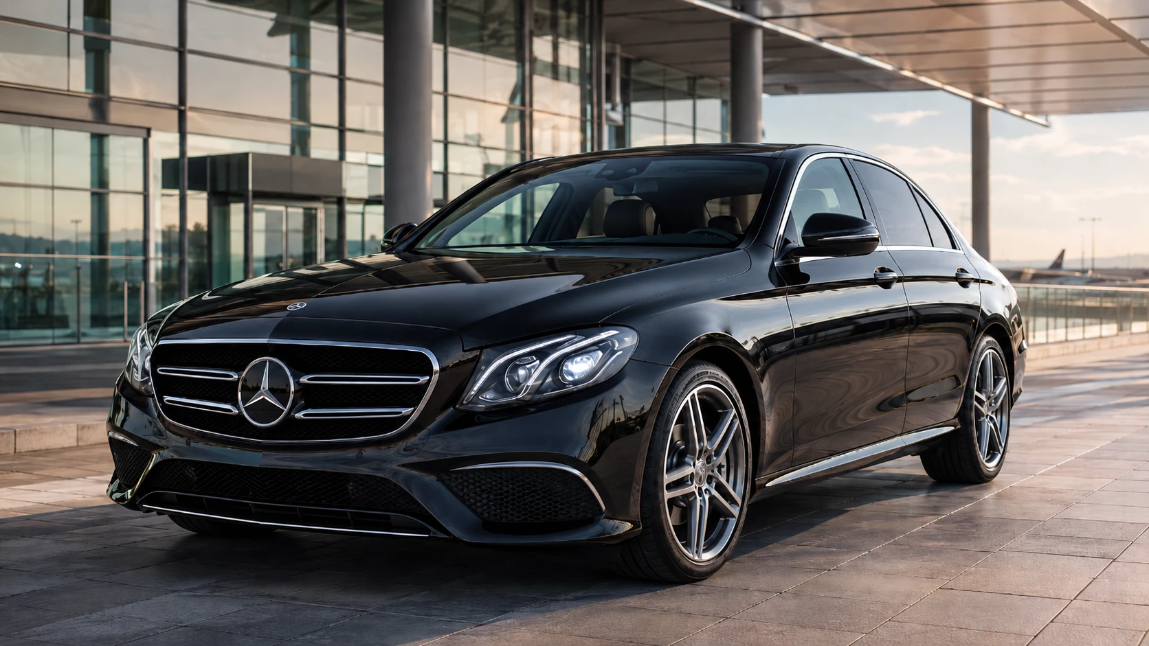 Black Mercedes-Benz E-Class chauffeur vehicle outside an airport terminal