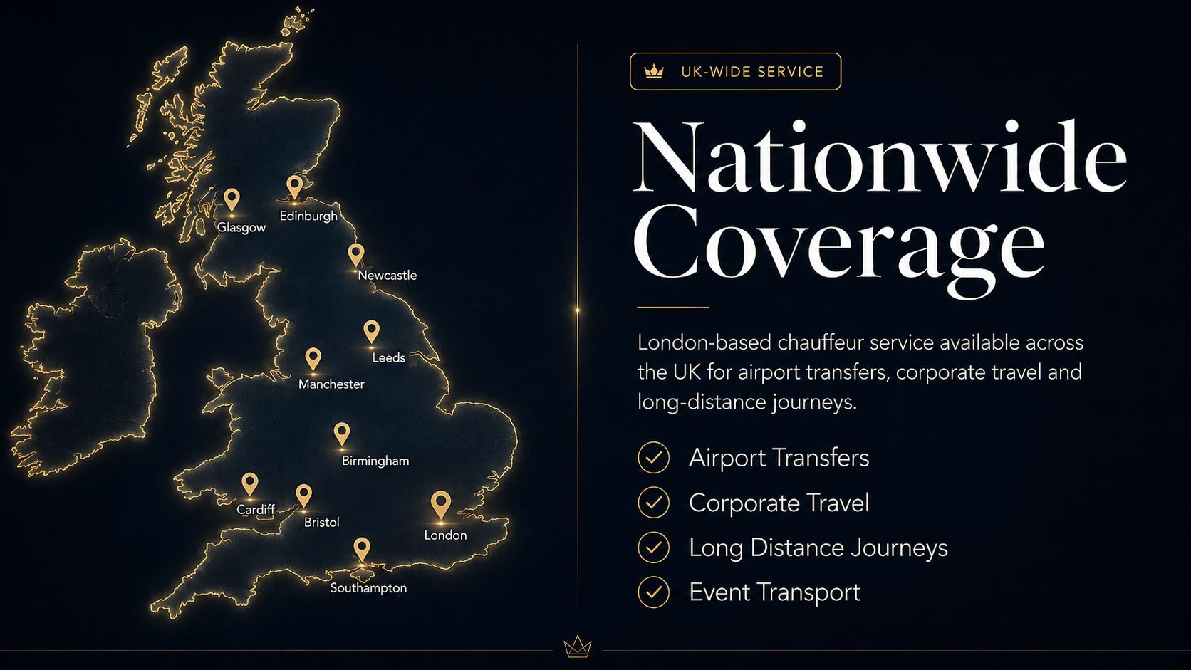 Map showing Avenue Chauffeurs nationwide UK service coverage