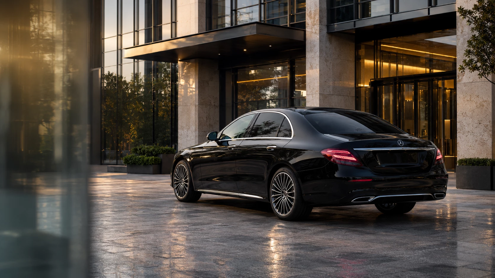 Black executive chauffeur vehicle outside a modern corporate office